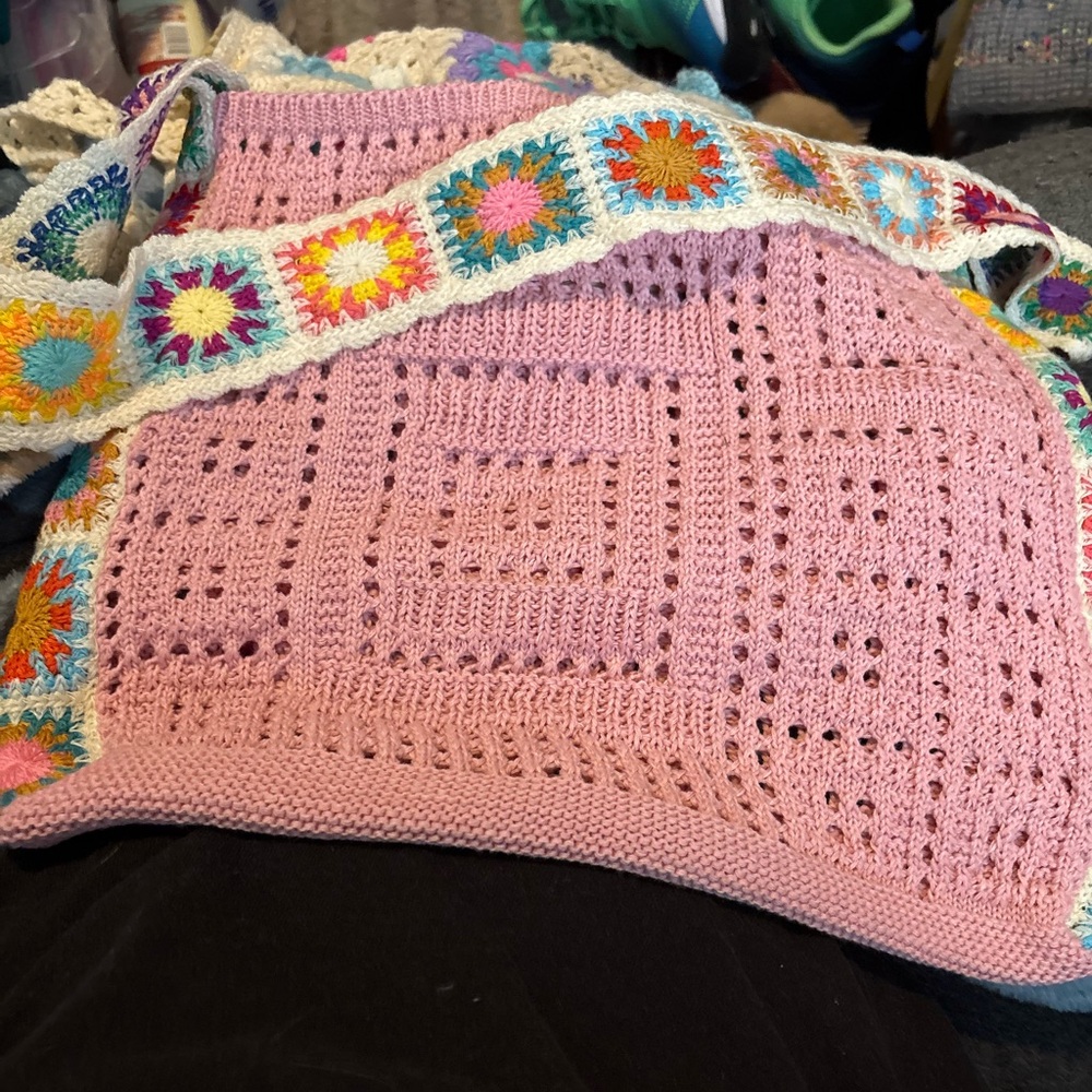 Pink Crochet tote bag with Colorful granny square border